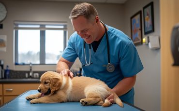 Professional veterinarian in blue scrubs examining a golden retriever puppy on an examination table