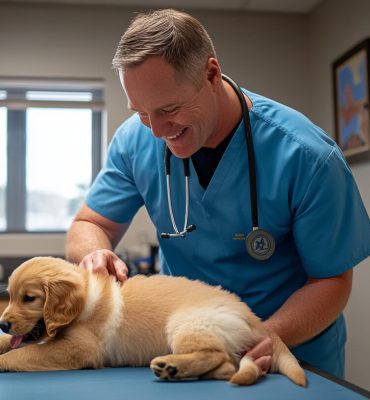 Professional veterinarian in blue scrubs examining a golden retriever puppy on an examination table