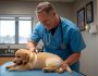 Professional veterinarian in blue scrubs examining a golden retriever puppy on an examination table